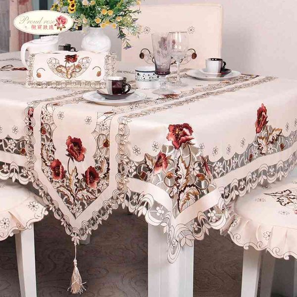 Fier Rose Broderie Exquise Creux Chaise Couverture Nappe Ellipse Thé Table Tissu Rural Table Runner Nappe Ronde SH190925