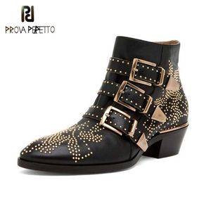 Prova Perfetto lujo remache flor botas cortas mujeres punta redonda Susanna tachonado cuero genuino botines zapatos de mujer 201215