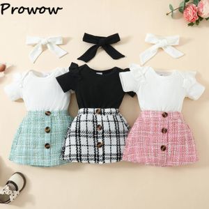Prowow 0-18m Childrens Clothing Baby Outfit Sets White Romperpink Skirtheadband Kids Tweed Suit voor meisjes 240229
