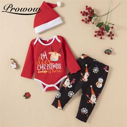 PROWOW 2021 Baby Kerstkostuum 3 Stks Pasgeboren BobySuit + Pant Festival Party Kids Jongens Kleding Xmas Deer Gedrukte Babykleding G1023