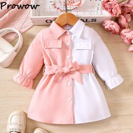 Prowow 3-24m babymeisjes jurken met lange mouwen herfst roze wit patchwork-riem jurk voor meisje geboren babykleding 240319