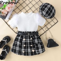 PROWOW Kids Clothes Girls Tweed tenue Setfit Summer Twsit T-shirts bid-tweed Black Jupe 3pcs Élégants ensembles pour bébé 240520