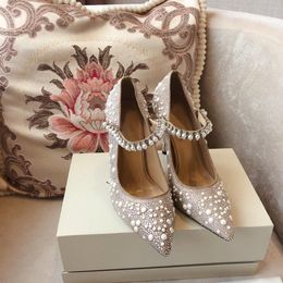 Prowow, zapatos de lujo con diamantes de imitación y perlas, sandalias de plumas para mujer, zapatos de gamuza para primavera y verano para mujer, zapatos sexis de tacón alto con punta estrecha