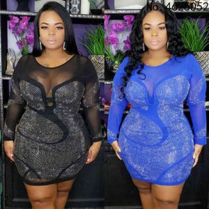 Prowow Sexy Dames Mini Jurk Plus Size Mode Diamond Bodycon voor Vrouw Lange Mouw Mesh Splice Lady Streetwear 211116