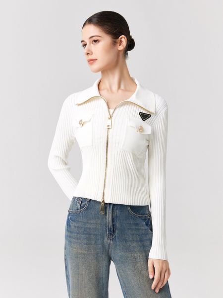 Dernière conception de Prrra pour les tricots à double fermeture éclair pour femmes Veste à glissière en cuivre originale de haute qualité pour femmes Mode décontractée à capuche noir et blanc