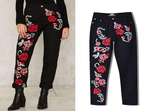 Ps taille femmes 3D couleur stéréoscopique broderie Roses fleurs taille haute pantalon ample Denim pantalon droit Black3869577