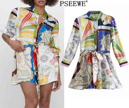 Pseewe Spring 2021 za estampado mini camiseta vestida mujer cinturón vintage manga larga mujer botonida vestidos casuales 2103249600800