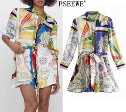 Pseewe Spring 2021 za estampado mini camiseta vestida mujer cinturón vintage manga larga mujer botón vestidos casuales 2103246565183