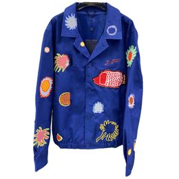 Cazadora universitaria bordada con flores psicodélicas, sudadera con cremallera y caras, cortavientos, chaqueta de uniforme de béisbol con puntos pintados, 1AB Z32X