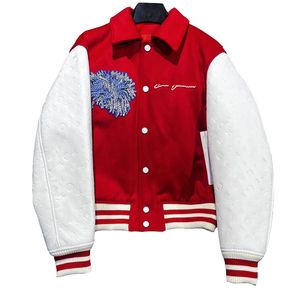 Blouson universitaire brodé de fleurs psychédéliques Sweat à capuche zippé Visages Varsity Blouson Coupe-vent Points peints vers le bas Blouson Veste d'uniforme de baseball 1AB