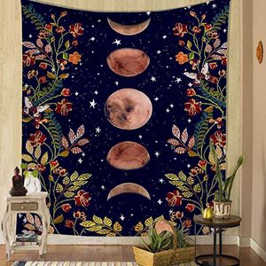 Psychedelic Flower Moon Tapestry Muur Opknoping Starry Sky Room Decor Groot Tapijt / lakens / Yoga Mat Art Woondecoratie Accessoires 210609