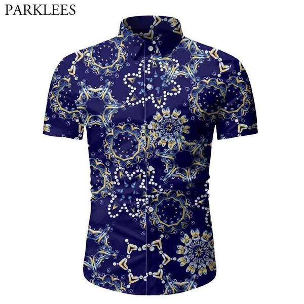Psychedélico flor estampado azul camisa hombres verano manga corta delgado ajuste botón abajo camisas para hombre fiesta fiesta playa camisa masculina 3xl 210522