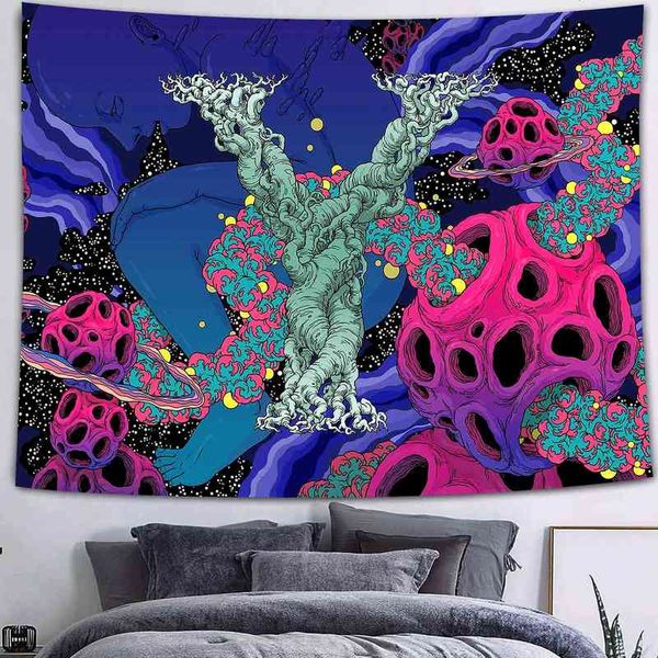 Tapisserie de château de forêt psychédélique, tapis mural d'art Trippy Mandala pour salon, lune, Lion, décor de dortoir de maison J220804