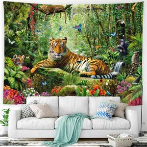 Psychédélique Forêt Suspendu Tapis Muraux Animaux Tigre Trippy Tapiz Hippie Boho Décor Dortoir Mur Tapis Canapé Couverture Nappe J220804