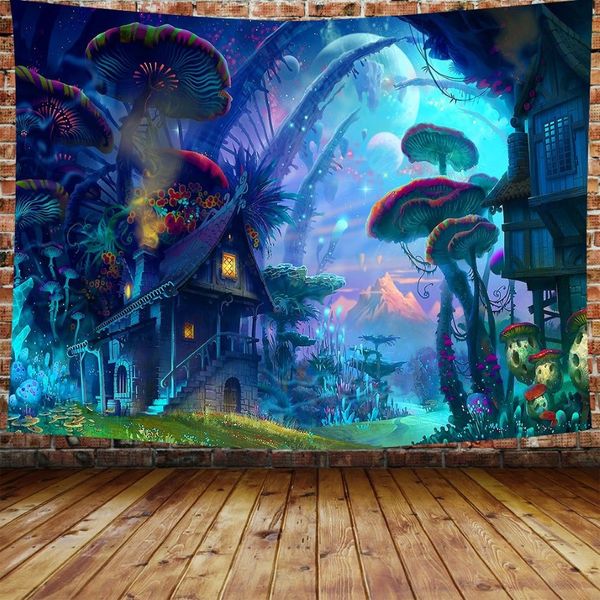 Tapisserie psychédélique de forêt de champignons, conte de fées, animaux sauvages, affiche murale pour chambre à coucher, dortoir 277Q