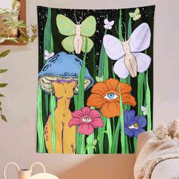 Tapis mural suspendu pour fille, champignon psychédélique, fleurs botaniques, œil Hippie, décor de chambre à coucher étoilé J220804