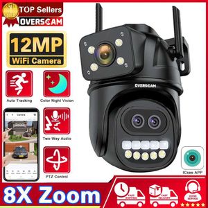 Cámaras PTZ ICSEE 12MP Cámara WiFi Outdoor Tres lentes Dual Pantalla 8x PTZ Zoom CCTV Camera de seguimiento automático Monitoreo de seguridad C240412