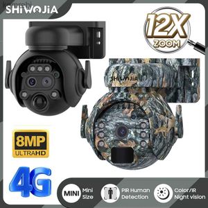 PTZ Camera's Shiwojia 4K 8MP 12x Zoom 4G Solar Safety Camera Wireless Outdoor 360 View Animal Monitoring Camo Color Battery PTZ Camera C240412