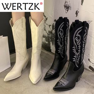 PU 347 dames cowboy wijzen Eming dames teen lederen kniehoge laarzen dikke wiggen schoenen U694 230324's 426