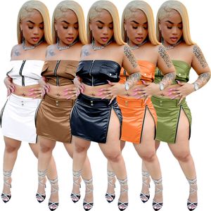 PU -jurkontwerper Tweede stuk rokken set Zipper Strapless Crop Tube Tops Zip Split Mini Skirts Women Bodycon Dress Outfits Women NClothing Wholesale 9735