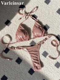 PU FAUX Cuir Halter Mini Thong Bikini Femme MAISON FEMMES Femmes Swimwear Two-Pieces Bikini Set Bather Bathing Costume Swim V5206 240506