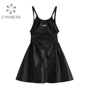 PU faux lederen sexy zwarte spaghetti riem mini jurken vrouwen hoge taille holle ontwerp backless losse party club midi jurks 210417