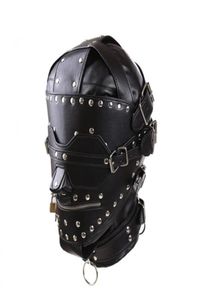 PU LEDER BDSM Bondage Mask Volledig hoofdkarnas fetisj met blinddoek en ritssluiting Sekse slaafhoofdkap seksspeeltjes voor koppels Y1844533