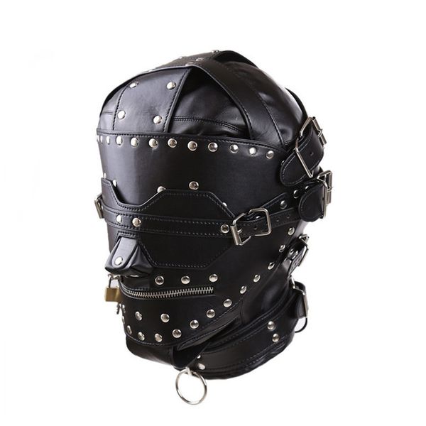 Masque de bondage en cuir PU BDSM, harnais de tête complet, fétiche avec bandeau et fermeture éclair, capuchon de tête d'esclave sexuel, jouets sexuels pour couples Y18100802