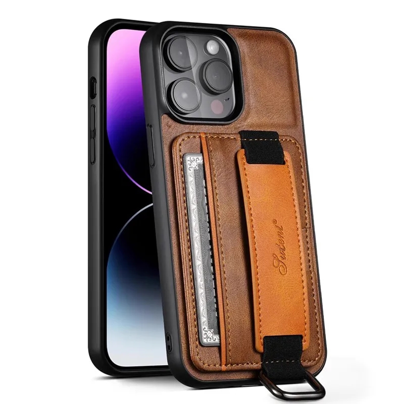 PU Leather Card Slot Wrist Strap Stand Holder Phone Case For iPhone 15 14 Pro Max 13 11 12 Pro Max Business Wallet Shockproof Cover