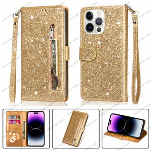PU Leather Case voor iPhone 14 13 12 11 Pro Max XR XS 6 7 8 Plus telefoonhoes Glitter Wallet Card Slot Zipper Luxe luxe modehoes voor Samsung Galaxy S23 Goole Pixel 7 6A