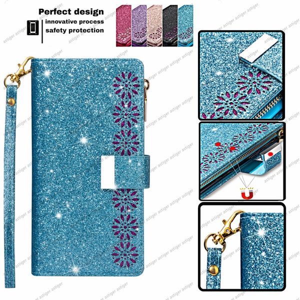 Funda de cuero PU para iphone 14 13 12 11 Pro Max XR Xs 6 7 8 plus Funda para teléfono Cartera brillante Ranura para tarjeta Cremallera Funda de moda de lujo de alta gama para samsung galaxy google pixel 7A 6A