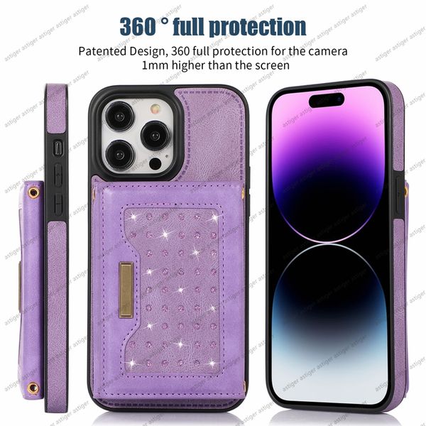 Funda de cuero PU para iPhone 14 13 12 11 Pro Max XR Xs 6 7 8 plus Funda para teléfono Cartera Ranura para tarjeta Bolso cruzado brillante Marco de fotos de moda de lujo Funda protectora para Samsung Galaxy