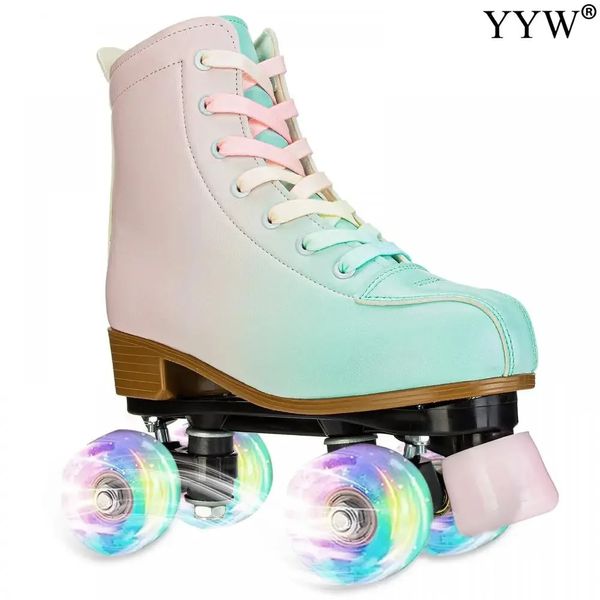 Cuir PU clignotant 4 roues patins à roulettes pour femmes chaussures de skate à double rangée débutant Quad Sneaker patinage patinoire entraînement 240227