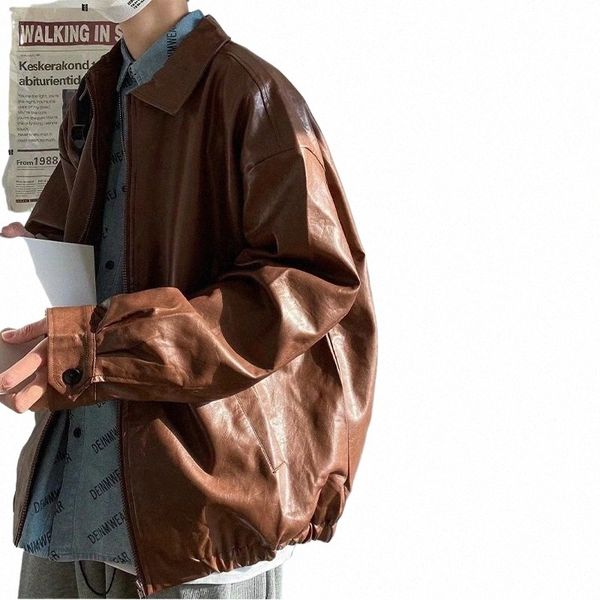 PU chaqueta de cuero hombres marrón retro chaqueta de motocicleta otoño coreano fi frito calle suelta cremallera chaqueta de bombardero Learher abrigos D2Zw #