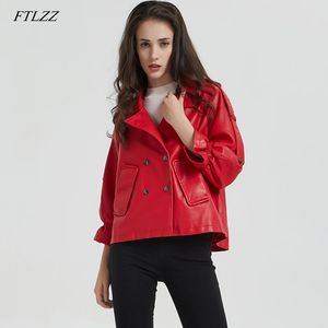 Pu cuir veste femmes Double boutonnage Flare manches courtes vestes dame rouge noir Bomber Basic Outwear 210423