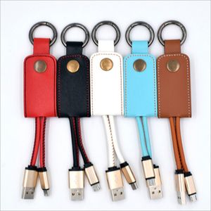 PU lederen lanyard metalen sleutelhanger telefoon kabels 2A USB-ladergegevenskabel voor Samsung S7 S8 Android Cellphone