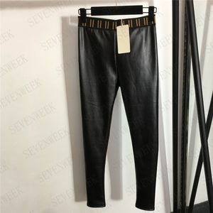 Leggings en cuir PU collants pantalons pour femmes lettre ruban élastique serré dames taille haute Slim Fit mince pantalon à l'intérieur Plus velours chaud