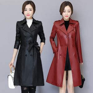 PU Leather Long Jacket herfst Nieuwe high fashion street Hot Style vrouwelijke faux lederen jas bovenkleding dameskleding