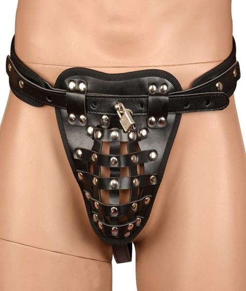 Pu Cuir Hommes Entrejambe Cage Pantalon De Chasteté Noir Verrouillable Harnais Mâle Bondage Sous-Vêtements String Gstring Fétiche Lingerie Sexy C190313273191