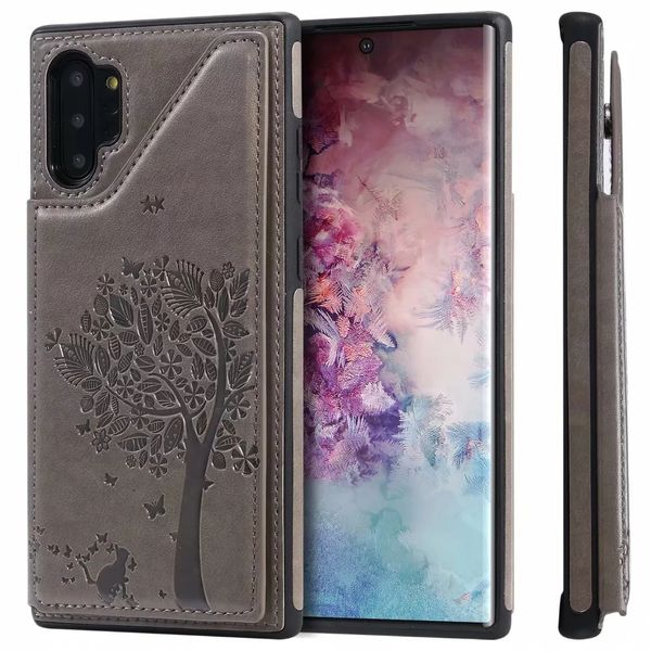 Estuches para teléfonos a prueba de golpes para Samsung Galaxy Note20 S21 S20 Ultra Note10 Plus Cat and Tree Relieve PU Leather Kickstand Case con ranuras para tarjetas