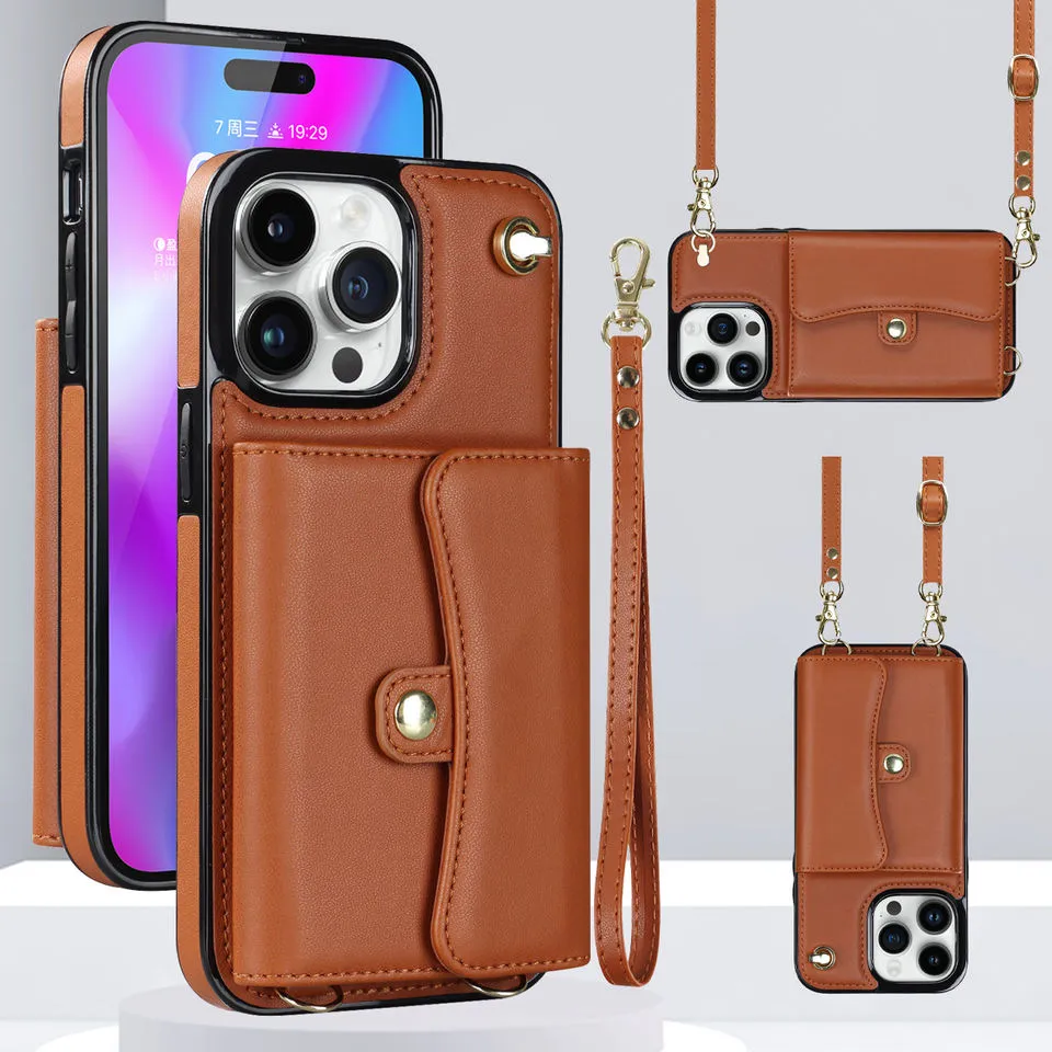 PU -lädertelefonöverdrag för iPhone 2 i 1 Wallet Bag Card Holder Slim Case för Funda iPhone 13 12 11 14 Pro Max Mini med Lanyard