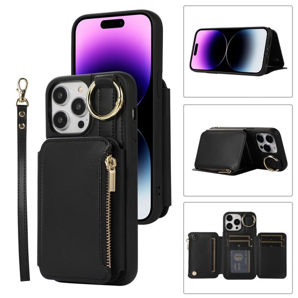 Étuis de téléphone à rabat avec bracelet en cuir PU et bandoulière, pour iPhone 15 14 13 12 11 Pro Max XR XS Max 8 7 Plus