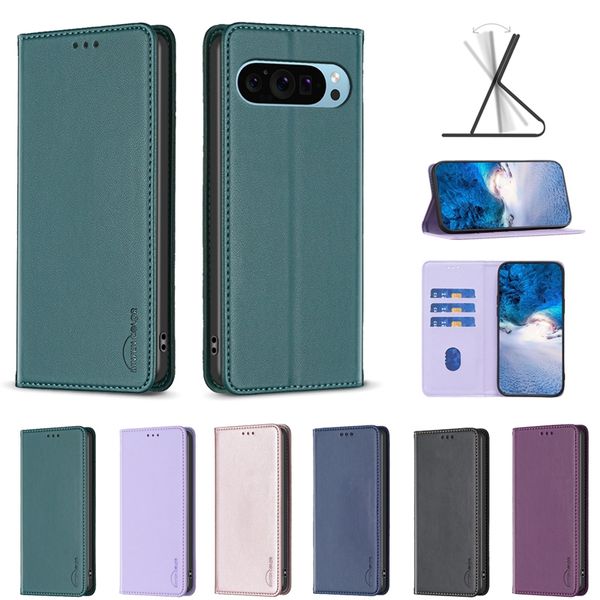 Étuis portefeuille en cuir PU pour One Plus 12 Pro Xiaomi 14 Pro 13T Redmi 13C K70 K70E Note 13 Google Pixel 9 9Pro Fermeture magnétique Suck Business ID Card Holder Flip Cover Pouch