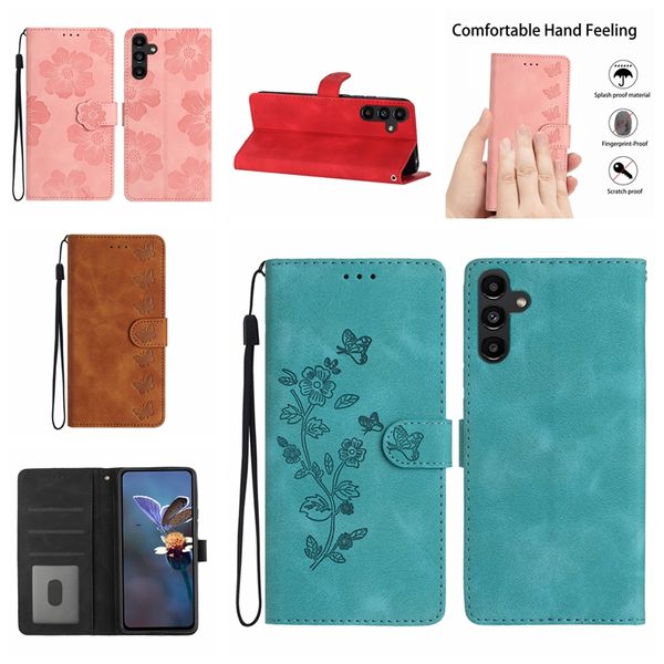 S24 Cases Portefeuille en cuir PU pour Samsung A35 S24 Ultra Plus S23 FE A25 A05 A05S A15 Google 8 Pro Mentions légales Papillon Fleur Support de fente pour carte d'identité Flip Cover Book Pouch Strap