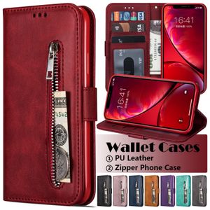 Étuis de téléphone portefeuille à fermeture éclair pour iPhone 14 13 12 11 Pro Max XR XS X 7 8 Plus - Étui à rabat en cuir PU avec béquille et porte-monnaie avec fentes pour cartes