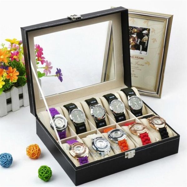 PU Caja de relojes de cuero Pantalla organizadora con almohadas suaves para hombres Cajas de joyería para mujeres Regalo 10 ranuras 220617