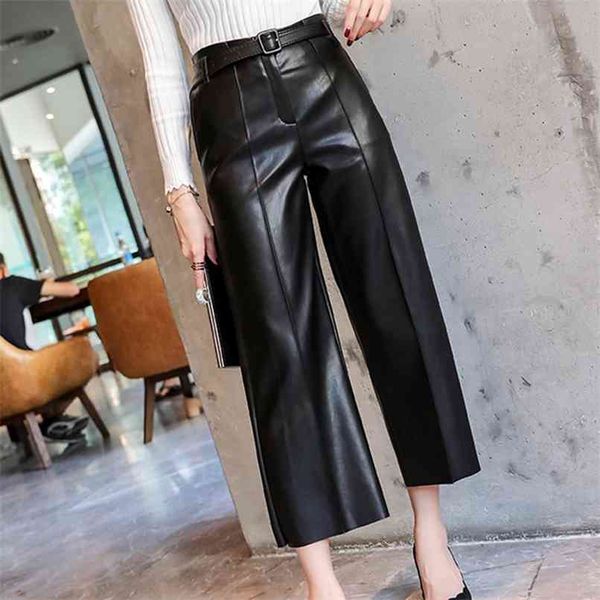 Pantalones de mujer de cuero de PU con cinturón de cintura alta pierna ancha anke-longitud para mujeres otoño moda pantalones femeninos 210915