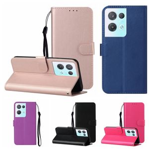 Étuis en cuir PU uni pour OPPO Reno 8 Lite 5G Pro A74 A54 A93 Find X5 A76 A17 A94 A57 2022 A77, support magnétique, couvercle rabattable, lanière, fente pour carte d'identité de crédit, pochette