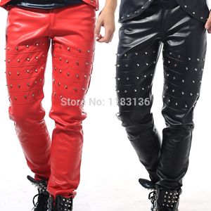 PU rouge argent sileather rivets pantalon pantalon costume noir Ds performance mode jazz danseur porter métal mince discothèque bar chanteur