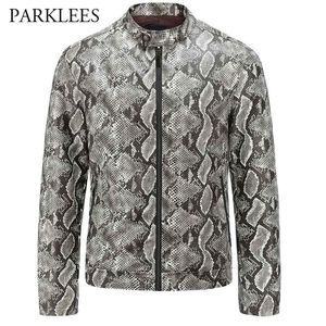 PU Sexy Snake Pattern Motorcycle Biker Men Zipper Design Faux Leather Mens Jacket Coat 201114